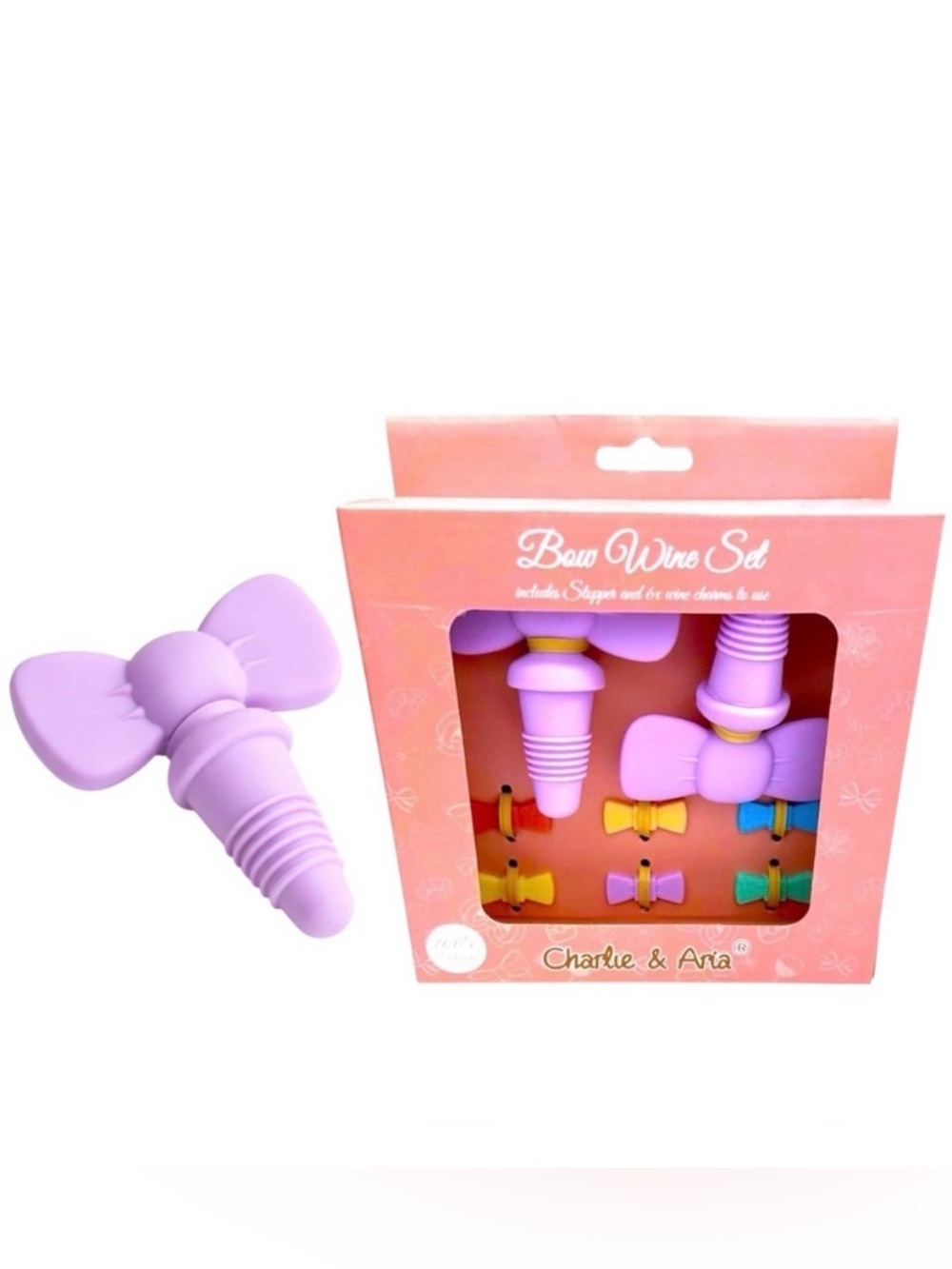 Bow Wine Bottle Stoppers & Glass Charms Set 2 Silicone Stoppers 6 Stem Clips